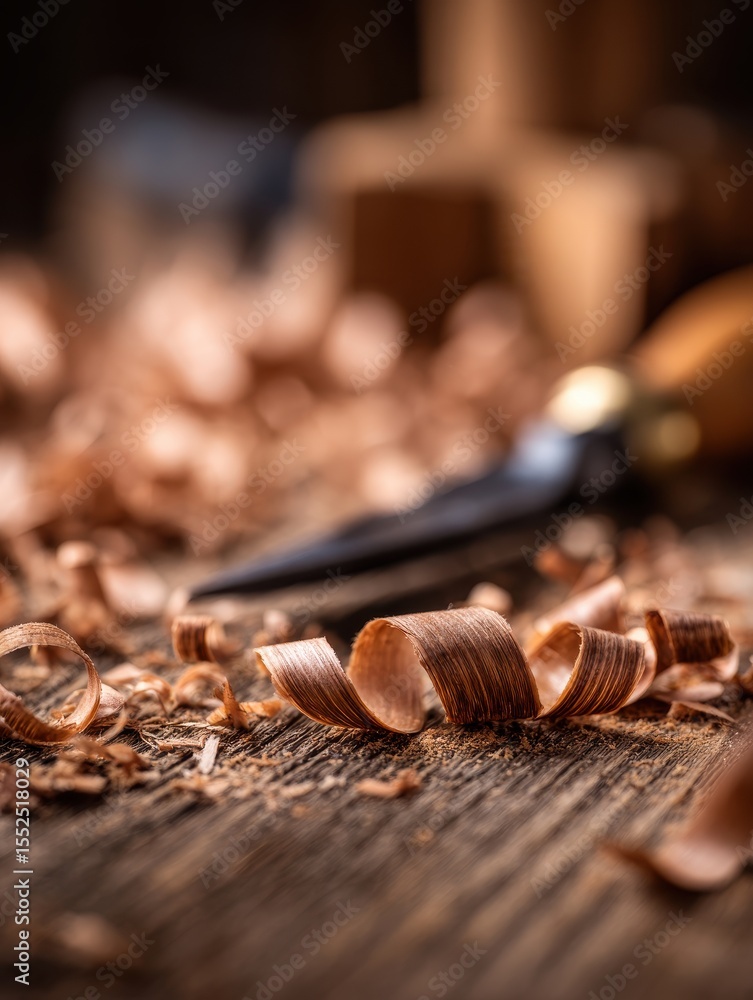 Poster close-up of wood shavings on a rustic table, with a chisel and blurred wooden blocks in the backgrou