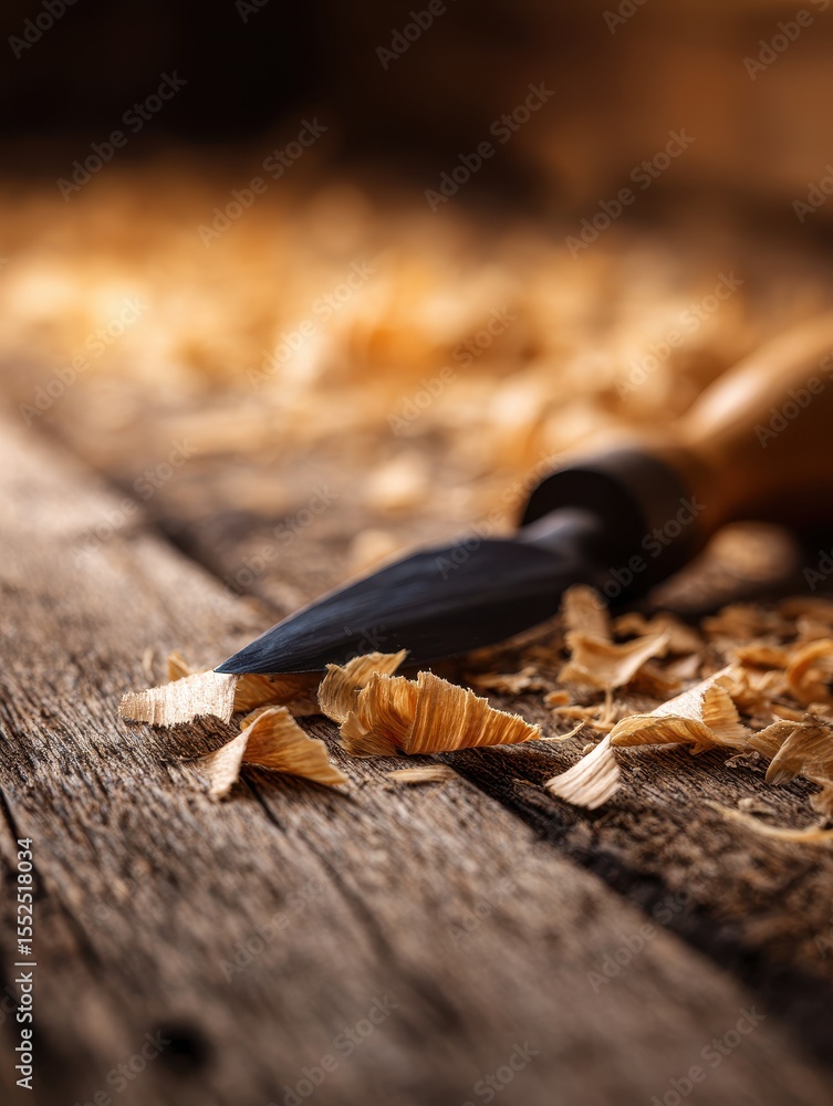 Poster close-up of a wood chisel on a rustic wooden surface with shavings scattered around