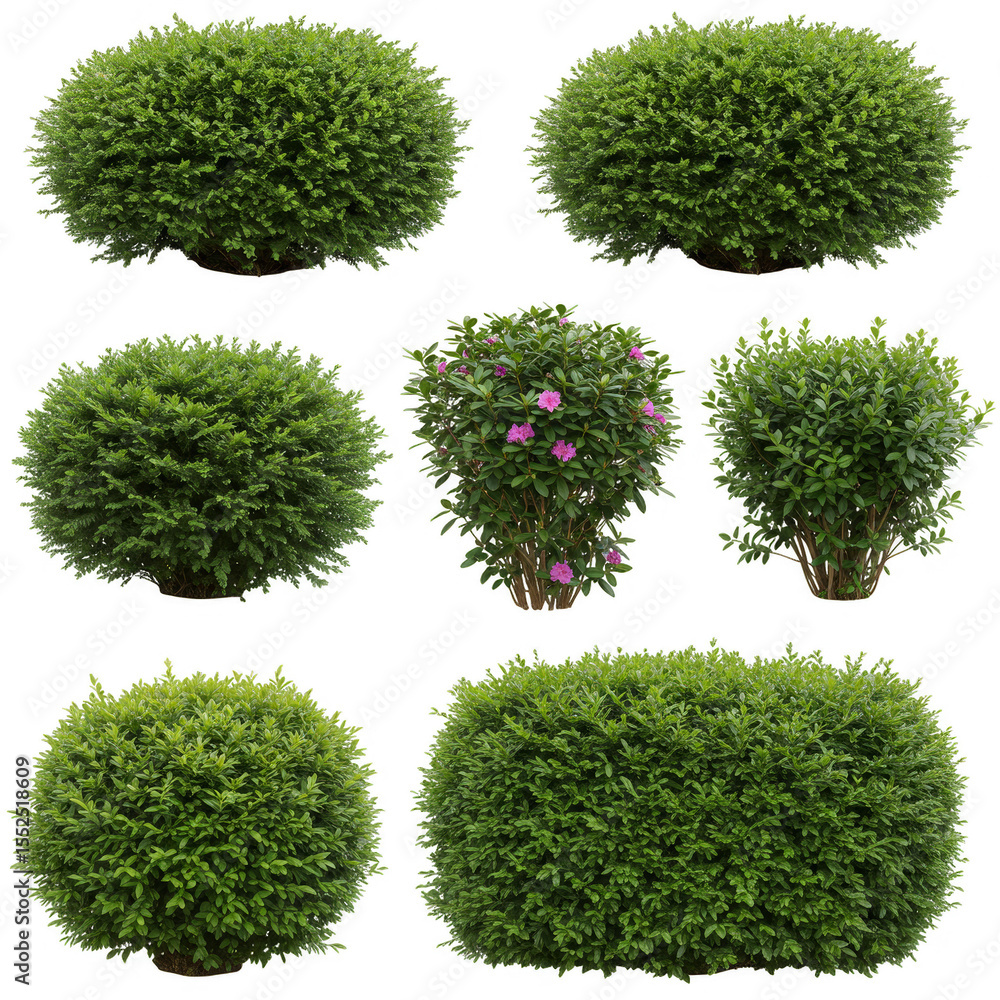 Poster isolated background of lush green bushes in various shapes and sizes