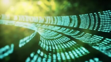 Abstract digital landscape with flowing binary code illuminated by soft sunlight in a natural setting - Powered by Adobe