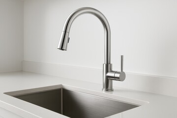 Modern kitchen sink close-up showcasing stainless steel fixtures and contemporary plumbing in residential home interior design