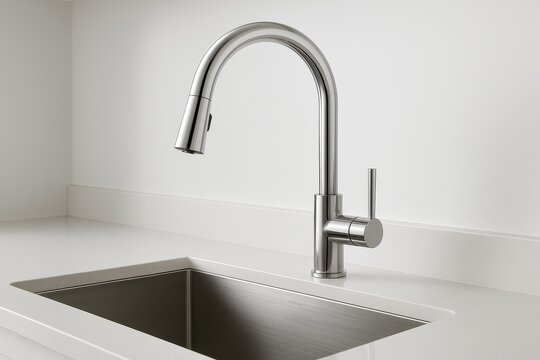Modern kitchen sink close-up showcasing stainless steel fixtures and contemporary plumbing in residential home interior design