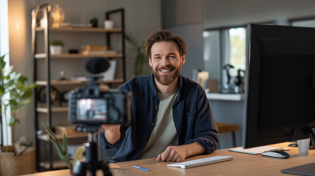 Male Vlogger or Content Creator Recording a Video: A friendly man smiling at a camera while live streaming or filming a product demo in his home office studio.