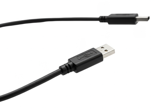 Isolated Black USB Cable Connector Computer Data Cord on Background
