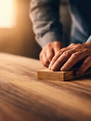 Craftsman smoothing wood surface in workshop with warm sunlight illuminating background