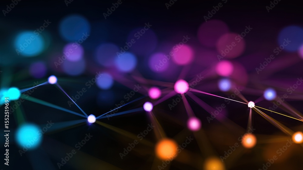 Poster abstract network of colorful dots and lines on a dark background depicting digital connections