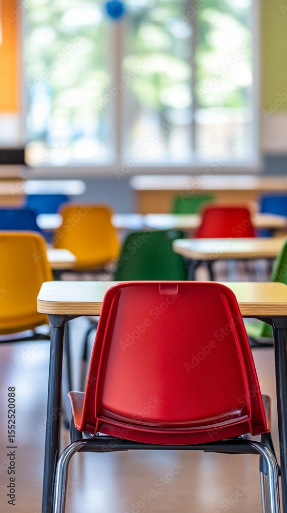 Poster empty classroom scene featuring colorful chairs set neatly around tables, capturing an inviting lear