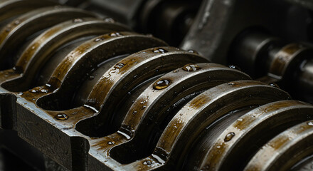 "Industrial macro of machine parts with oil and grime, emphasizing wear and usage."

