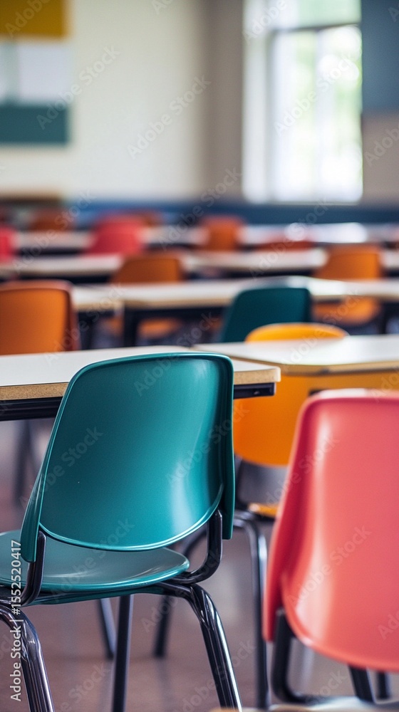 Poster colorful chairs arranged in an empty classroom create a vibrant and inviting atmosphere, perfect for