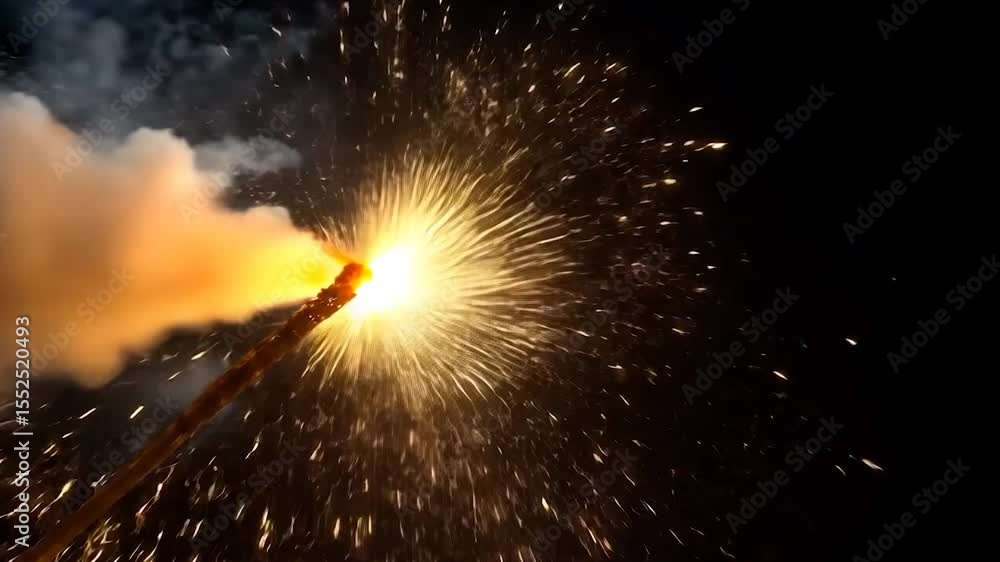 Aufkleber Exploding Firework With Yellow Sparks and Smoke Against Black Background Festive Celebration