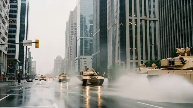 Tank Moving on Wet City Street in Urban Area