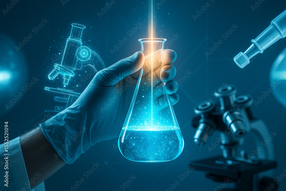Aufkleber ai generated high tech science concept showing a gloved hand firmly holding a glowing erlenmeyer fla