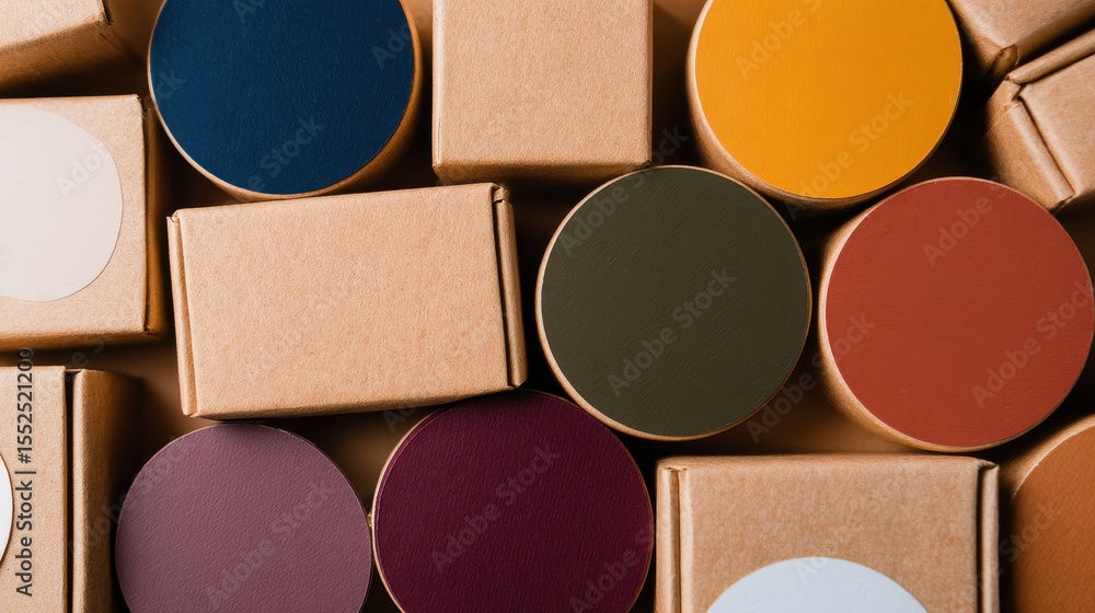 Poster a colorful arrangement of circular and rectangular packaging boxes in various shades on a surface