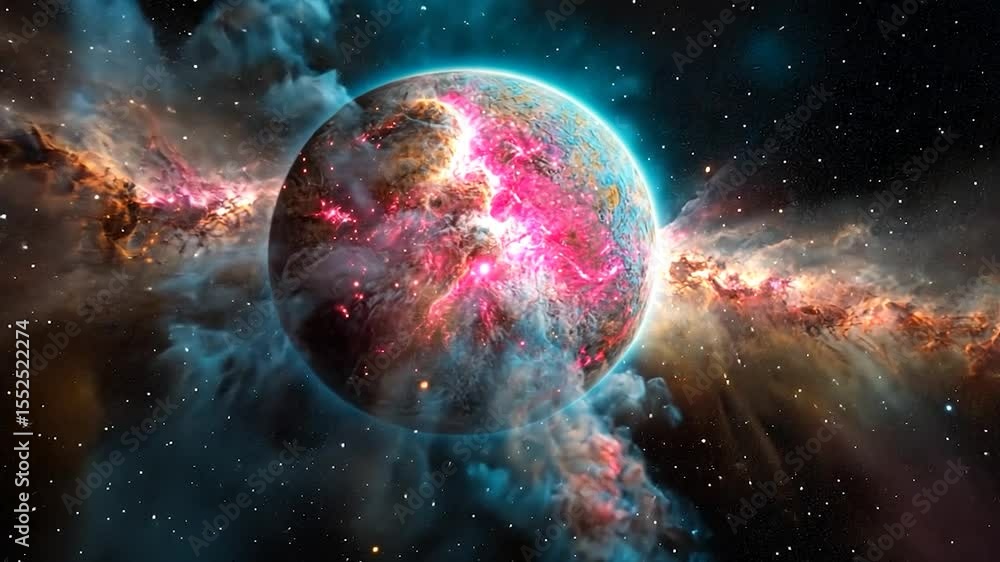 Poster vibrant planet in space surrounded by nebula and cosmic dust with fiery pink and red energy sources