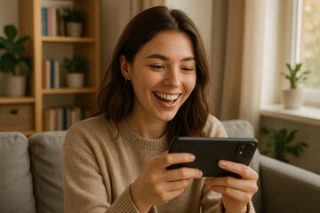 Young woman browsing social media and shopping online while relaxing comfortably on modern living room sofa