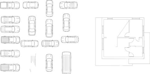 Top view of multiple parked cars and house floor plan, urban planning concept, vehicle arrangement layout, architectural garage blueprint

 flat vector illustration
