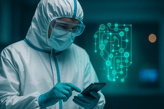 AI generated medical professional in PPE using mobile device with holographic bio interface in futuristic lab environment showing high safety and advanced health technology