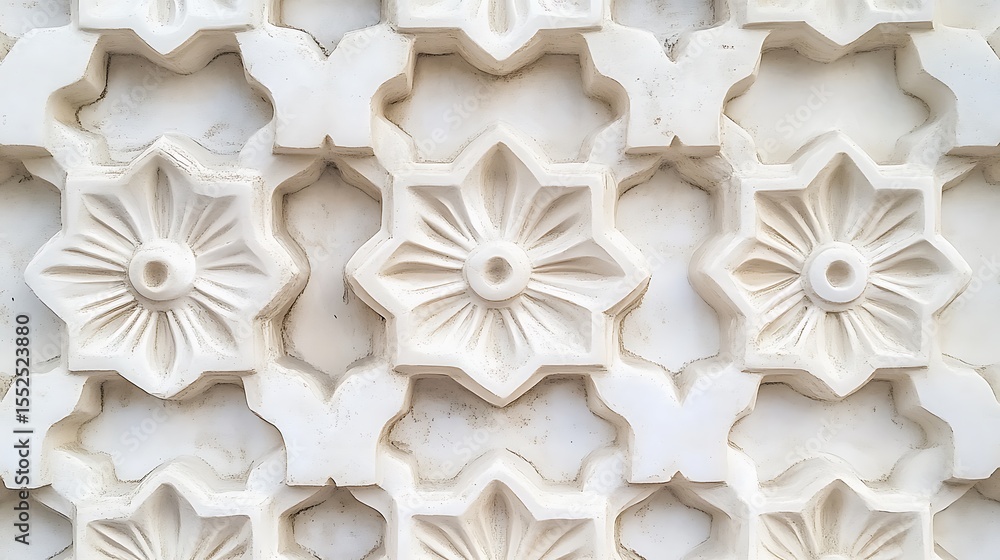 Poster ornate plasterwork displays an intricate floral pattern with a repeating geometric motif on a white 