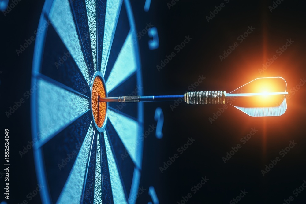 Poster a dart precisely hitting the bullseye on a dartboard, symbolizing accuracy and focus, with a glowing