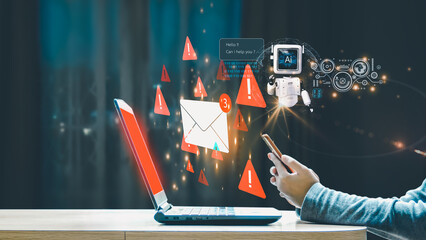 AI cybersecurity assistance concept. A person uses a smartphone while a laptop displays email notifications with red warning icons, as an AI robot offers help for potential threats.