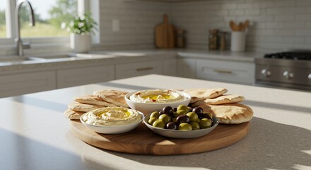 Sunlit Kitchen Counter Showcases Delicious Hummus, Olives, and Pita Bread, Ready for a Delightful Meal.