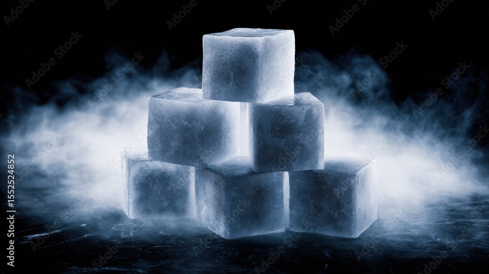Poster ice cubes stacked on a dark surface with fog swirling around, creating a cool atmosphere