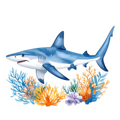 Obraz premium Shark swimming among colorful coral reefs. cut out. transparent background