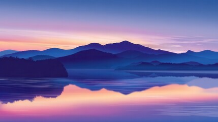 Serene sunset over tranquil lake reflecting vibrant hues of purple and orange mountains