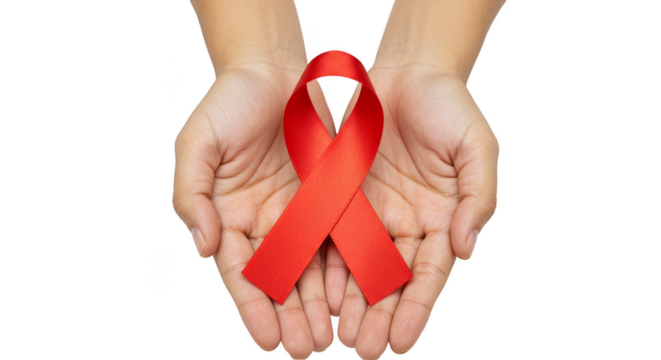 Isolated Close Up of Red Aids Awareness Ribbon Holding By Hands - Powered by Adobe
