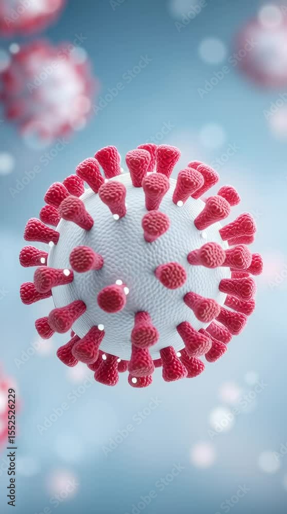 Poster detailed 3d rendering of virus with red spike proteins white spherical surface floating blue backgro