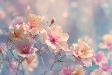 Pale Pink Hibiscus Flowers Blossom Against a Pastel Blue and Pink Bokeh Background