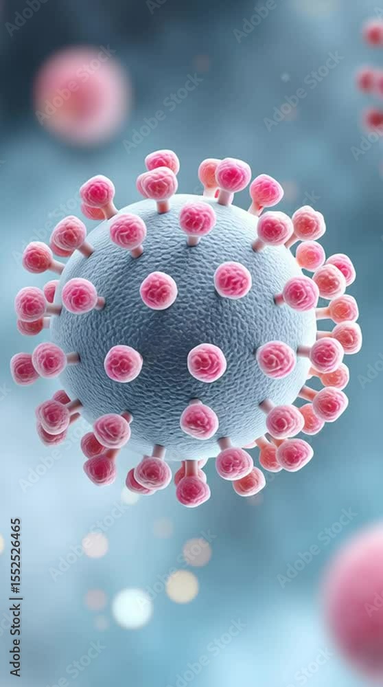 Poster hiv virus 3d structure showing detailed spherical particle with pink spike surface proteins floating