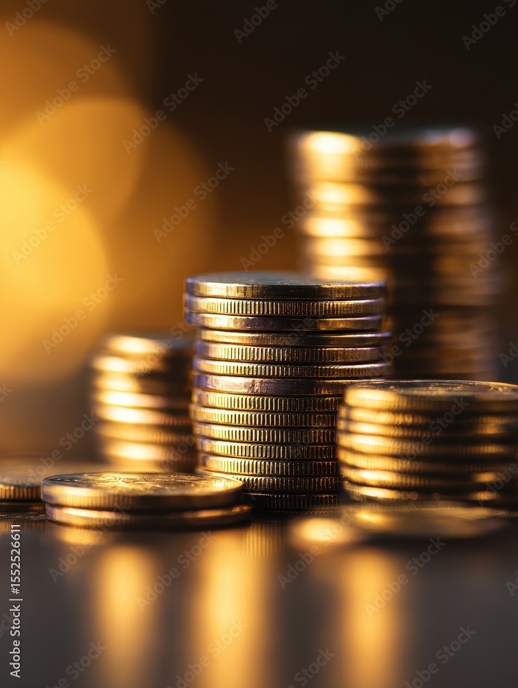 Aufkleber stacks of shiny coins reflecting warm light, creating a bokeh effect in the background