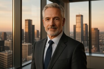 Distinguished senior executive radiating confidence and wisdom in contemporary corner office with panoramic city views