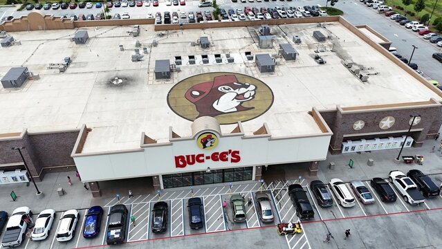 Buc-ees gas station branding on the roof of the store
