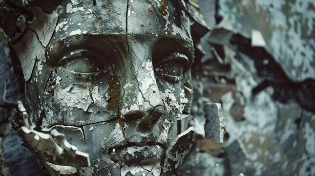 Mysterious Sculpture: A close-up, evocative shot of a weathered and crumbling sculpture head, its face bearing the scars of time and elements, evokes a sense of history.