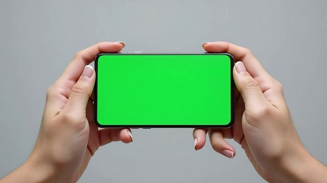 Hands holding smartphone with green screen on gray background for mockup display
