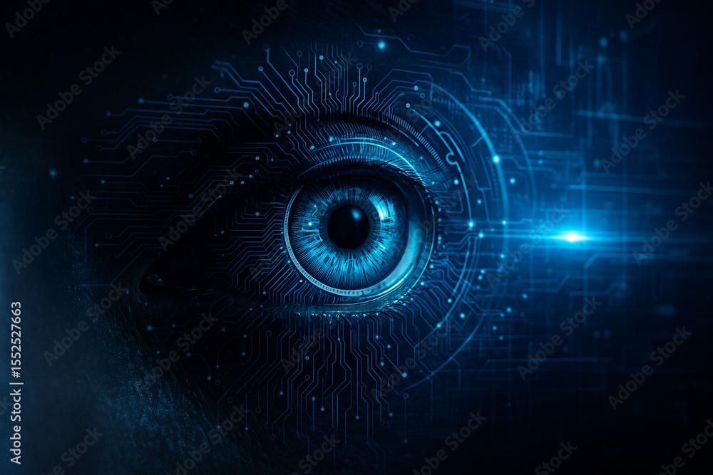 Poster ai generated close up of a glowing cybernetic eye featuring digital circuits neon light and futurist