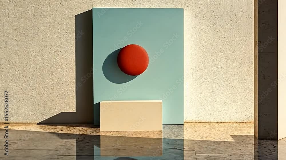 Poster abstract geometric composition in teal orange and beige shapes with strong shadows