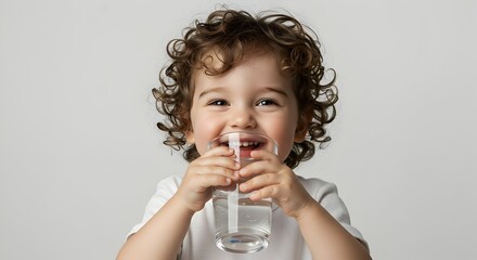 Curly-haired child smiles brightly while drinking water from a clear glass