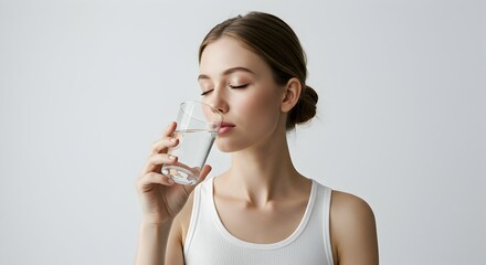 Serene woman with closed eyes drinking water from a glass against a plain background