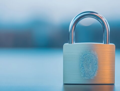 A metallic padlock with a digital fingerprint overlay symbolizes secure access and advanced biometric security technology.