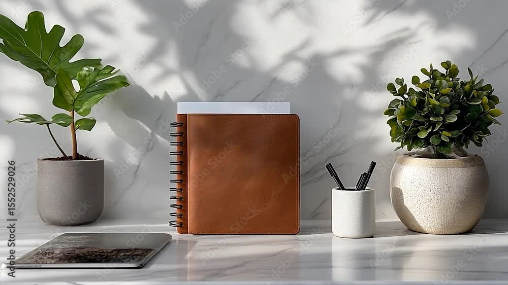 Poster Minimalist Workspace with Plants Notebook and Stationary on Marble Surface with Sunlit Shadows