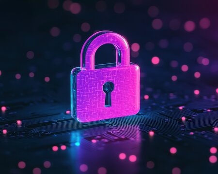 A glowing pink padlock hovers over a digital circuit board, symbolizing cybersecurity and data protection in a futuristic tech environment.