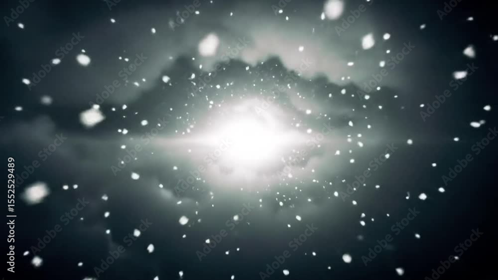 Poster abstract video of bright light bursting through dark cloudy sky with floating particles