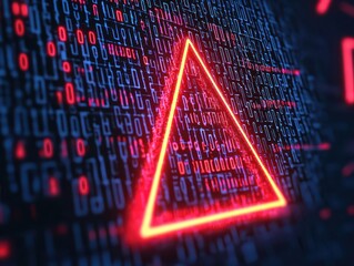 A glowing red neon triangle overlays a digital background filled with blue and red binary code, symbolizing cybersecurity or digital warning.