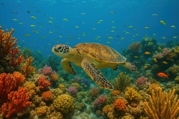 Obraz premium Majestic sea turtle gracefully swimming among vibrant coral reef ecosystem with tropical fish in crystal-clear turquoise waters