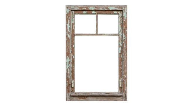 Isolated Old Wooden Window Frame With Rustic Weathered Texture