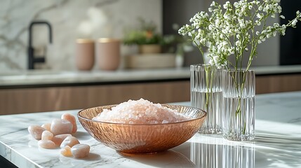 Pink Himalayan Salt in Bowl with Crystals and Flowers on Marble Countertop Display