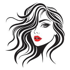 Elegant Woman Face Line Art with Red Lips – Stylish Beauty Vector Illustration